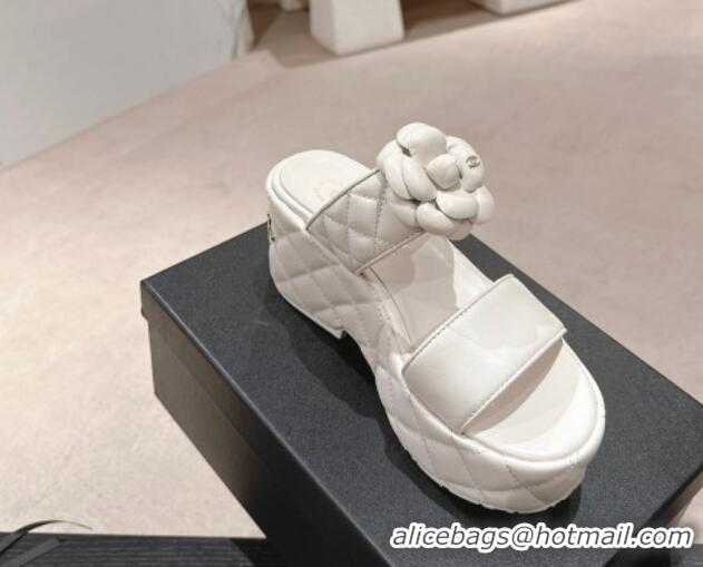 Discount Chanel Quilted Lambskin Wedge Platform Slide Sandals 7.5cm with Camellia White 424028