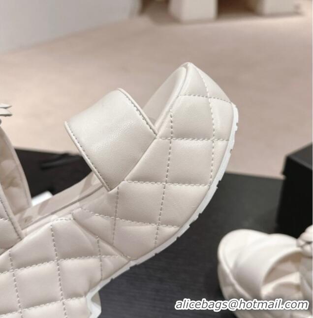 Discount Chanel Quilted Lambskin Wedge Platform Slide Sandals 7.5cm with Camellia White 424028