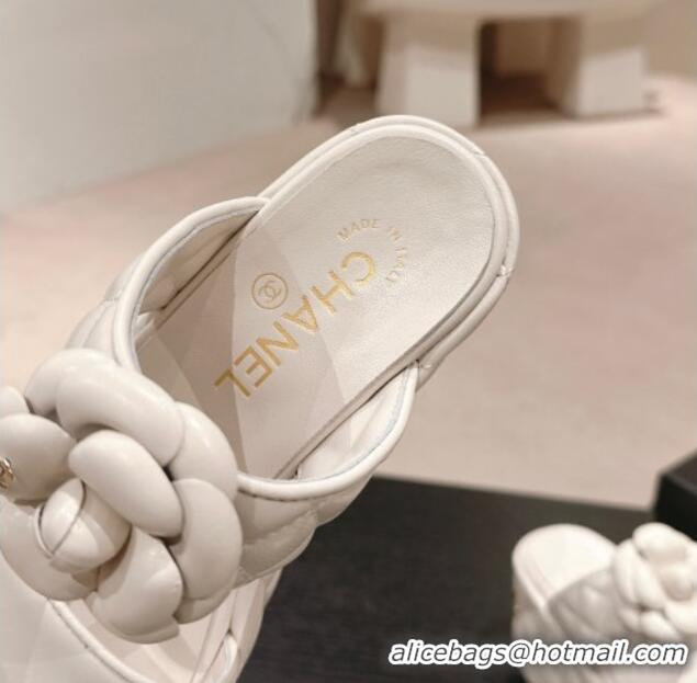 Discount Chanel Quilted Lambskin Wedge Platform Slide Sandals 7.5cm with Camellia White 424028