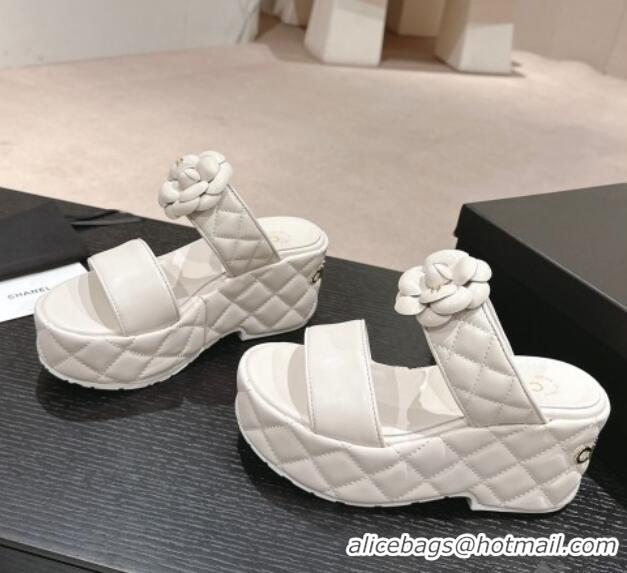 Discount Chanel Quilted Lambskin Wedge Platform Slide Sandals 7.5cm with Camellia White 424028