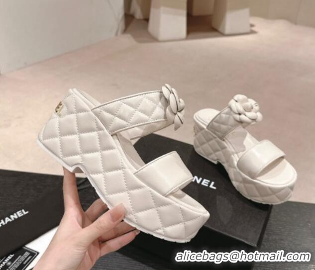 Discount Chanel Quilted Lambskin Wedge Platform Slide Sandals 7.5cm with Camellia White 424028