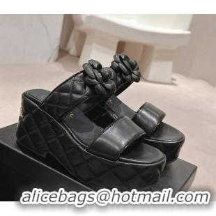 Purchase Chanel Quilted Lambskin Wedge Platform Slide Sandals 7.5cm with Camellia Black 424029