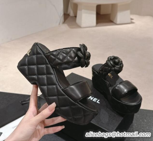 Purchase Chanel Quilted Lambskin Wedge Platform Slide Sandals 7.5cm with Camellia Black 424029