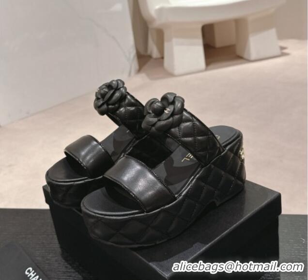 Purchase Chanel Quilted Lambskin Wedge Platform Slide Sandals 7.5cm with Camellia Black 424029