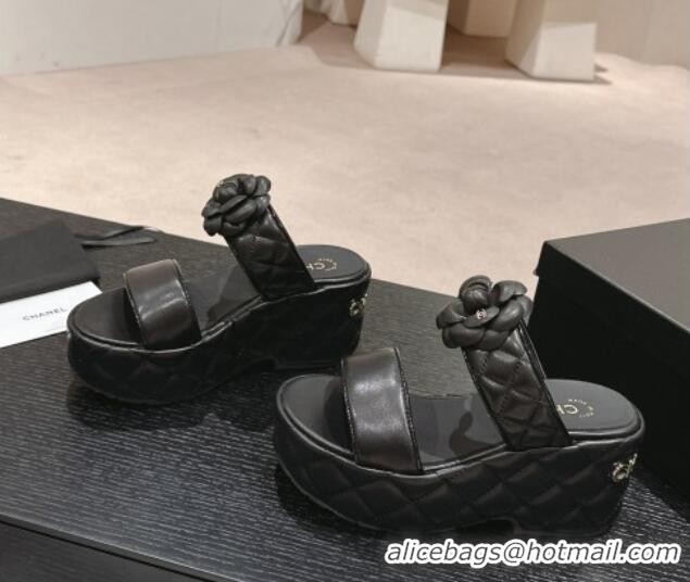 Purchase Chanel Quilted Lambskin Wedge Platform Slide Sandals 7.5cm with Camellia Black 424029