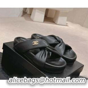 Pretty Style Chanel Lambskin Slide Sandals with Knot Strap Black 424030