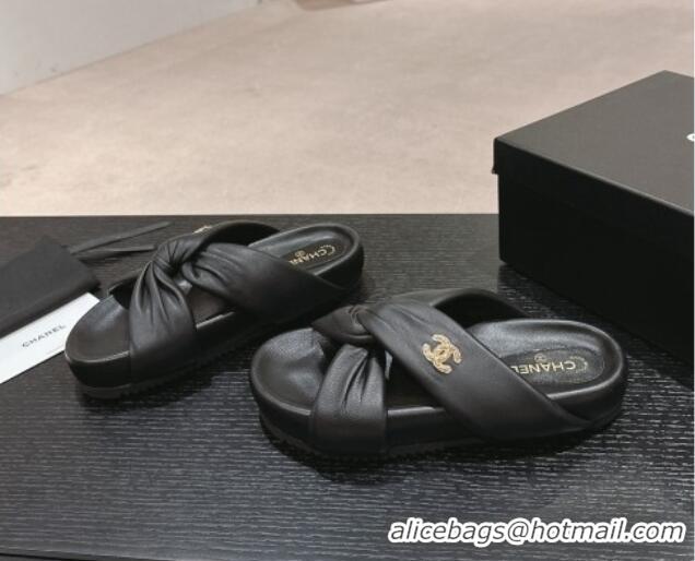 Pretty Style Chanel Lambskin Slide Sandals with Knot Strap Black 424030