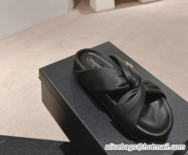 Pretty Style Chanel Lambskin Slide Sandals with Knot Strap Black 424030