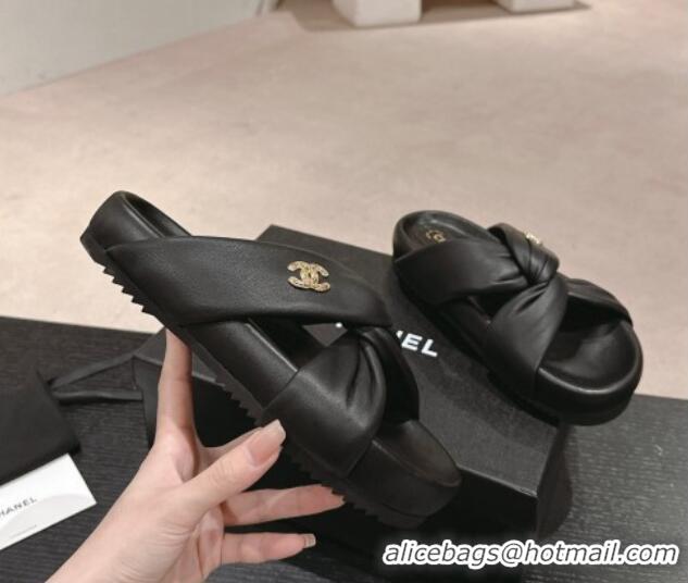 Pretty Style Chanel Lambskin Slide Sandals with Knot Strap Black 424030