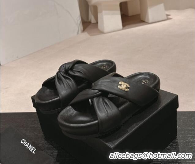 Pretty Style Chanel Lambskin Slide Sandals with Knot Strap Black 424030