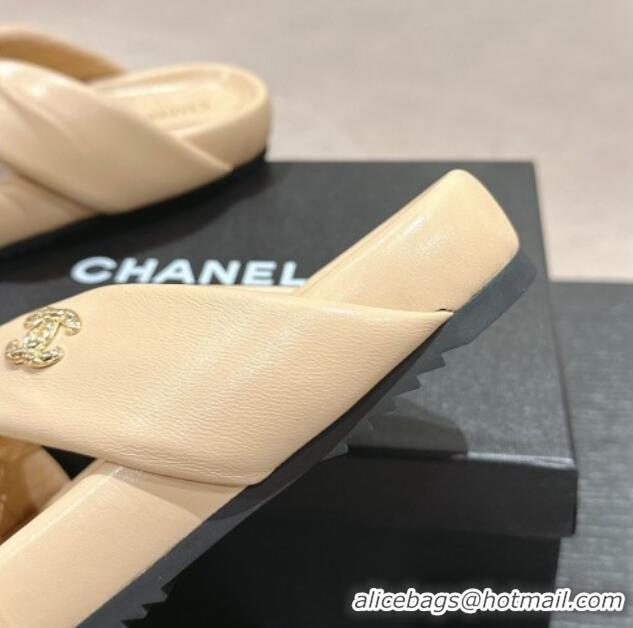 Grade Quality Chanel Lambskin Slide Sandals with Knot Strap Beige 424031