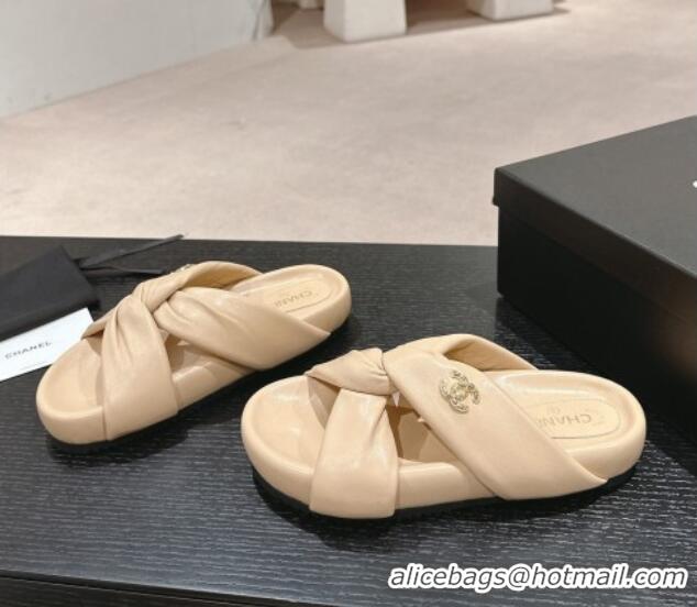 Grade Quality Chanel Lambskin Slide Sandals with Knot Strap Beige 424031