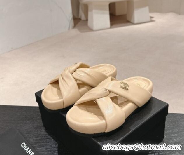 Grade Quality Chanel Lambskin Slide Sandals with Knot Strap Beige 424031