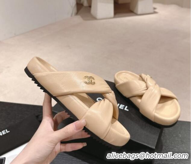 Grade Quality Chanel Lambskin Slide Sandals with Knot Strap Beige 424031