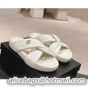 Unique Discount Chanel Lambskin Slide Sandals with Knot Strap White 424032