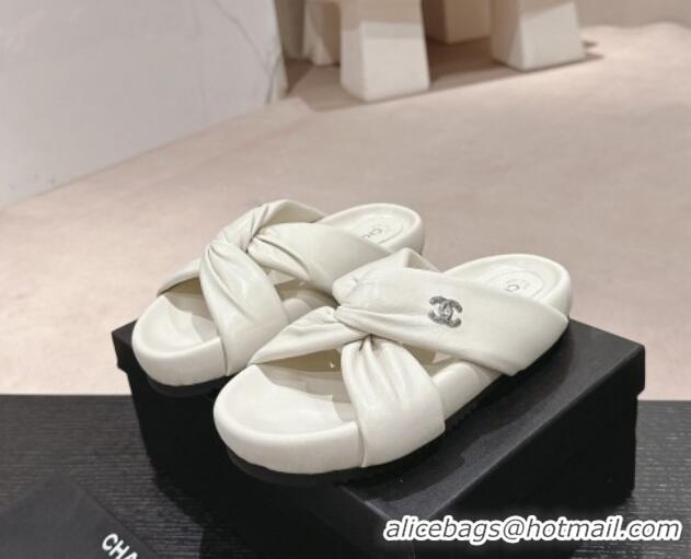 Unique Discount Chanel Lambskin Slide Sandals with Knot Strap White 424032