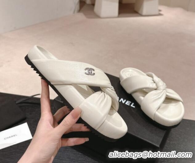 Unique Discount Chanel Lambskin Slide Sandals with Knot Strap White 424032