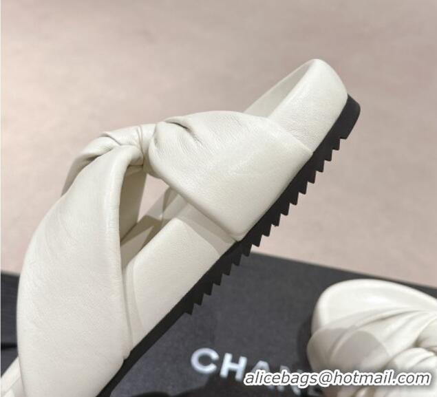 Unique Discount Chanel Lambskin Slide Sandals with Knot Strap White 424032