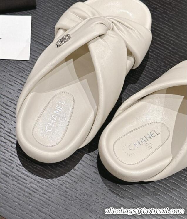 Unique Discount Chanel Lambskin Slide Sandals with Knot Strap White 424032