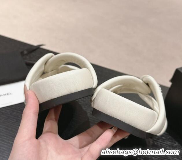 Unique Discount Chanel Lambskin Slide Sandals with Knot Strap White 424032