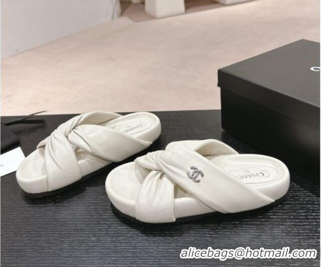 Unique Discount Chanel Lambskin Slide Sandals with Knot Strap White 424032