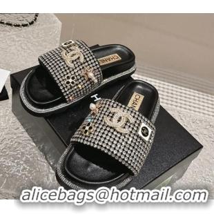 Unique Chanel Crystals Slide Sandals with Logo Charm Silver 424033