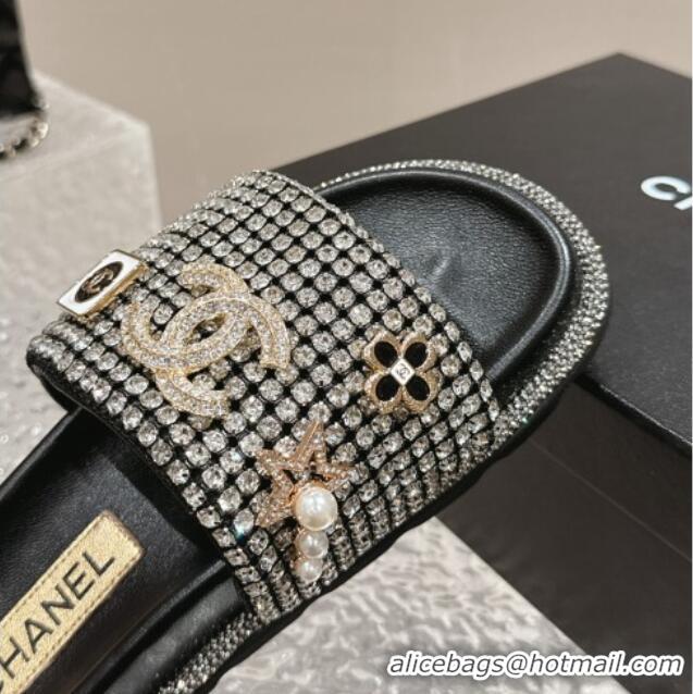 Unique Chanel Crystals Slide Sandals with Logo Charm Silver 424033