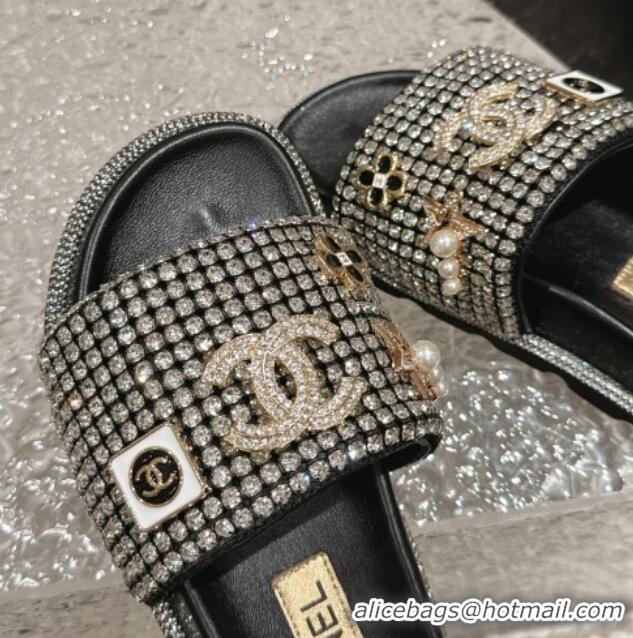 Unique Chanel Crystals Slide Sandals with Logo Charm Silver 424033