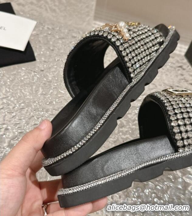 Unique Chanel Crystals Slide Sandals with Logo Charm Silver 424033