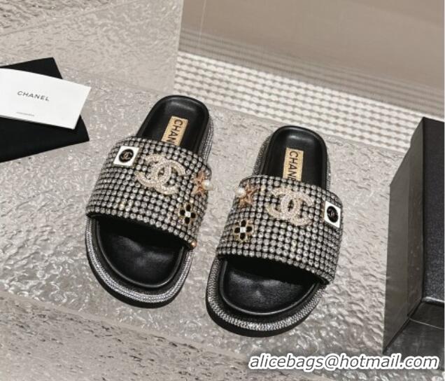 Unique Chanel Crystals Slide Sandals with Logo Charm Silver 424033