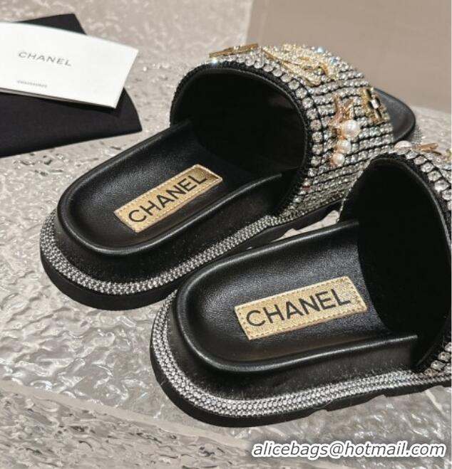 Unique Chanel Crystals Slide Sandals with Logo Charm Silver 424033