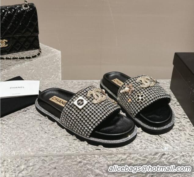 Unique Chanel Crystals Slide Sandals with Logo Charm Silver 424033