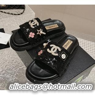 Top Grade Chanel Sequins Slide Sandals with Logo Charm Black 424034