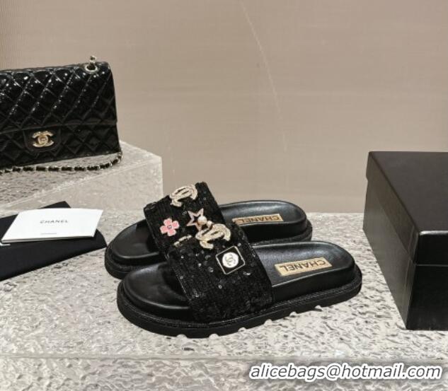 Top Grade Chanel Sequins Slide Sandals with Logo Charm Black 424034