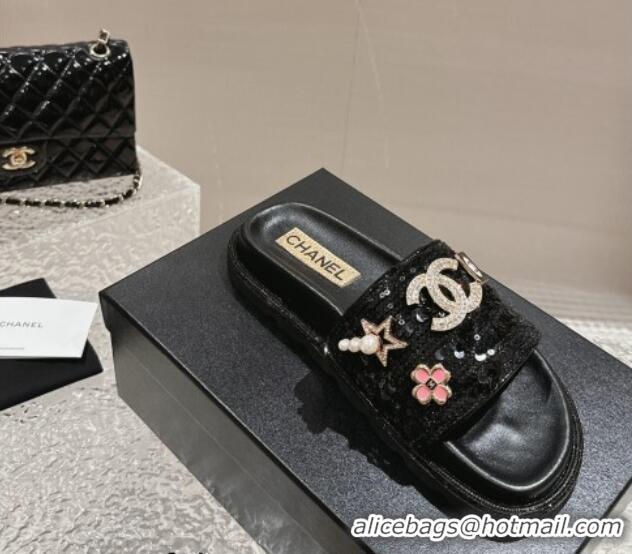 Top Grade Chanel Sequins Slide Sandals with Logo Charm Black 424034