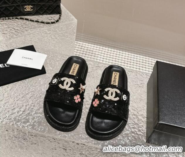 Top Grade Chanel Sequins Slide Sandals with Logo Charm Black 424034