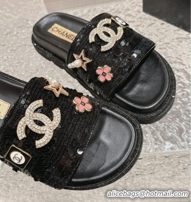 Top Grade Chanel Sequins Slide Sandals with Logo Charm Black 424034