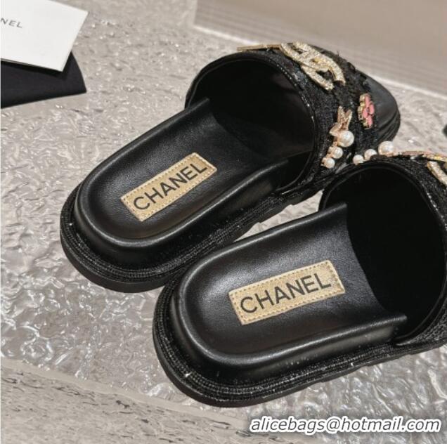 Top Grade Chanel Sequins Slide Sandals with Logo Charm Black 424034