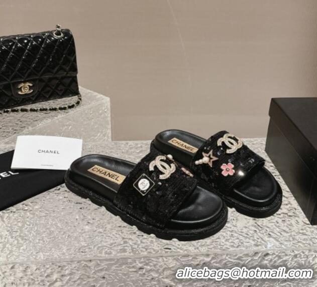 Top Grade Chanel Sequins Slide Sandals with Logo Charm Black 424034