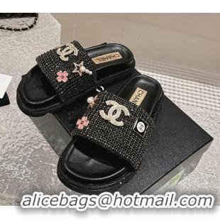 Low Cost Chanel Crystals Slide Sandals with Logo Charm Black 424035