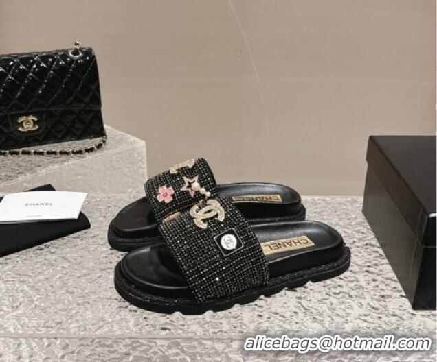 Low Cost Chanel Crystals Slide Sandals with Logo Charm Black 424035