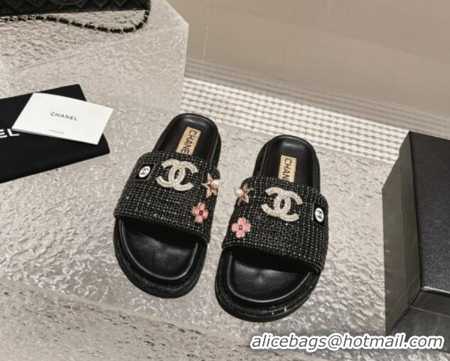 Low Cost Chanel Crystals Slide Sandals with Logo Charm Black 424035