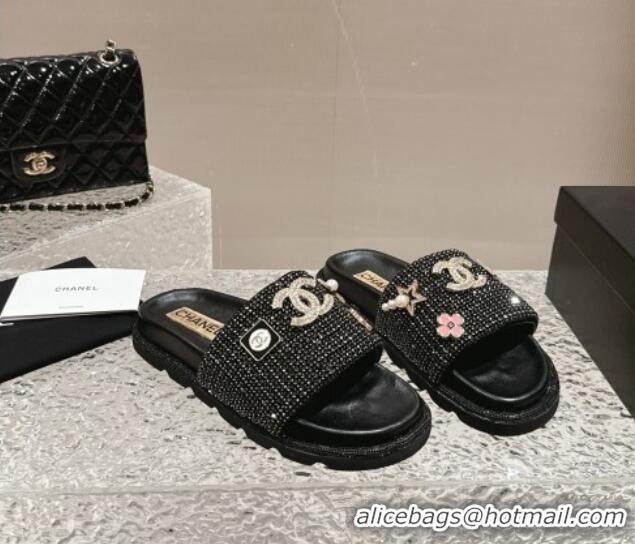 Low Cost Chanel Crystals Slide Sandals with Logo Charm Black 424035