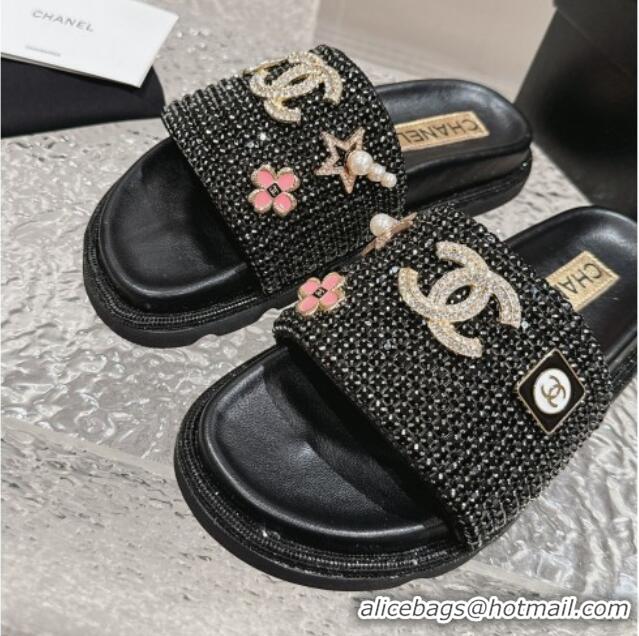 Low Cost Chanel Crystals Slide Sandals with Logo Charm Black 424035