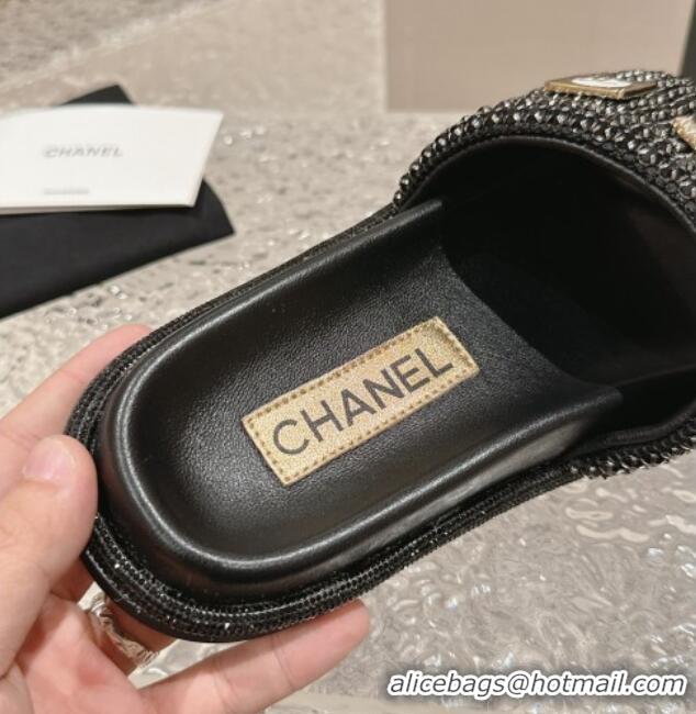 Low Cost Chanel Crystals Slide Sandals with Logo Charm Black 424035