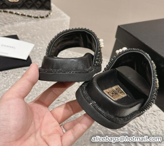 Low Cost Chanel Crystals Slide Sandals with Logo Charm Black 424035