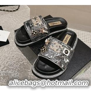 Best Grade Chanel Sequins Slide Sandals with Logo Charm Silver 424036