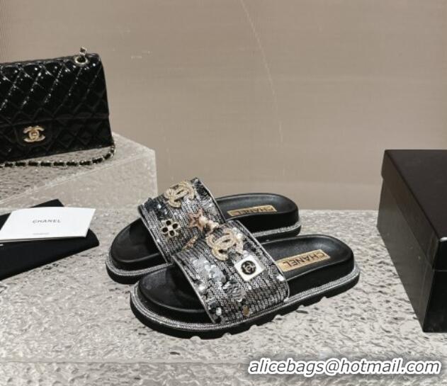 Best Grade Chanel Sequins Slide Sandals with Logo Charm Silver 424036