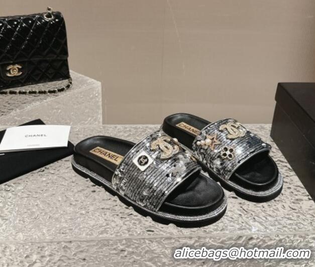 Best Grade Chanel Sequins Slide Sandals with Logo Charm Silver 424036