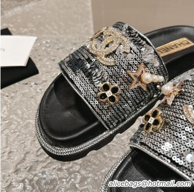 Best Grade Chanel Sequins Slide Sandals with Logo Charm Silver 424036